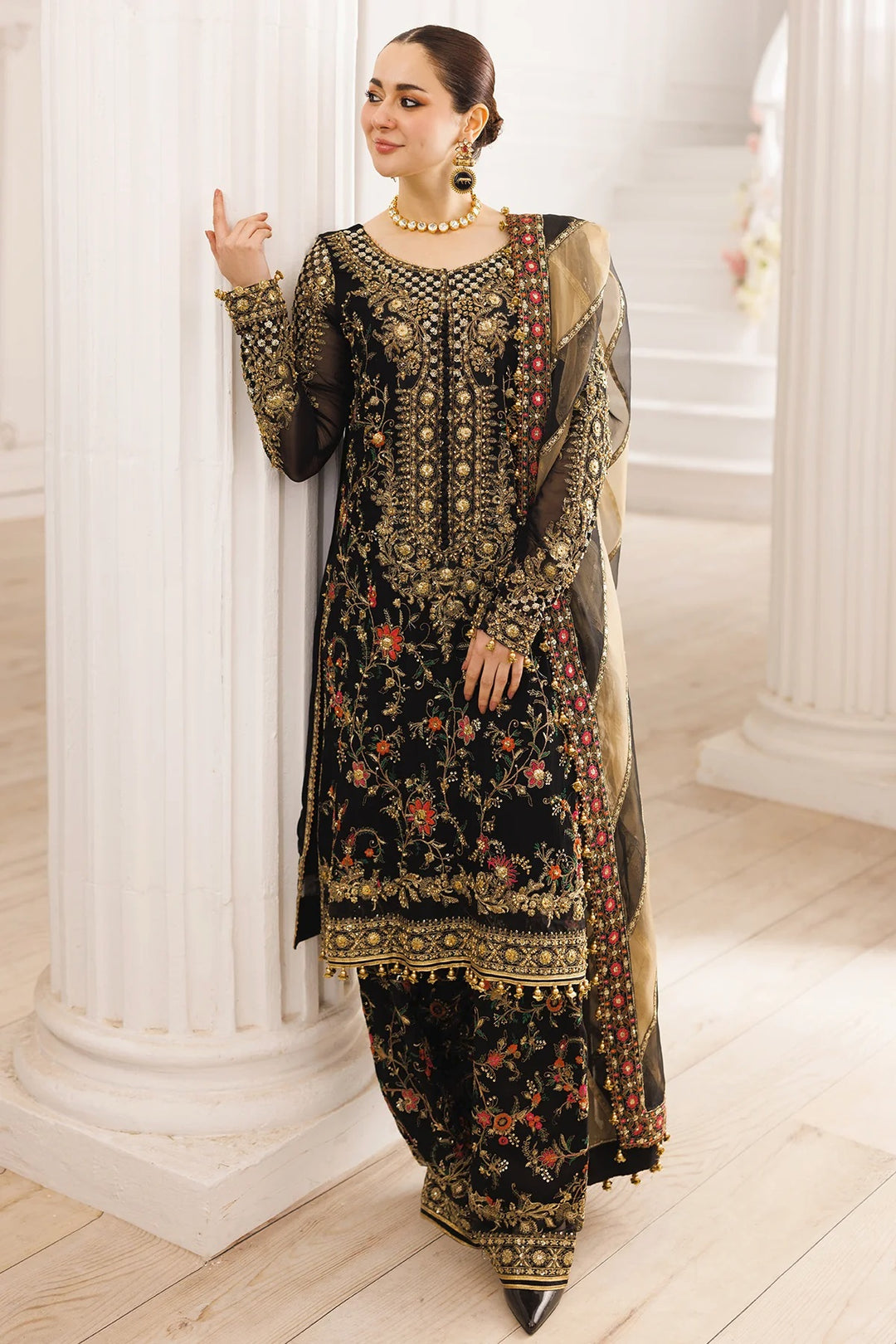 green emerald velvet dress Charizma Vasl Embroidered Printed Chiffon Dress